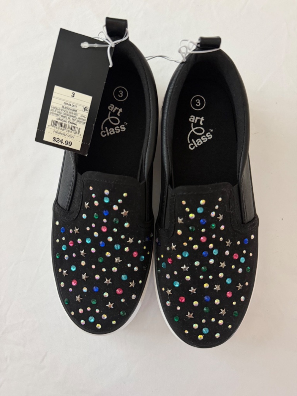 NWT Art Class Girls Hanna Rhinestone Black Slip On Sneakers Size 3 - Picture 2 of 6